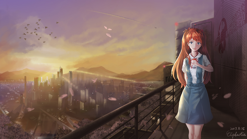 Neon Genesis Evangelion, Asuka Langley Soryu, anime girls, redhead, long hair, school uniform, Nerv, 2D, looking at viewer, blue eyes, twintails, small boobs, fan art