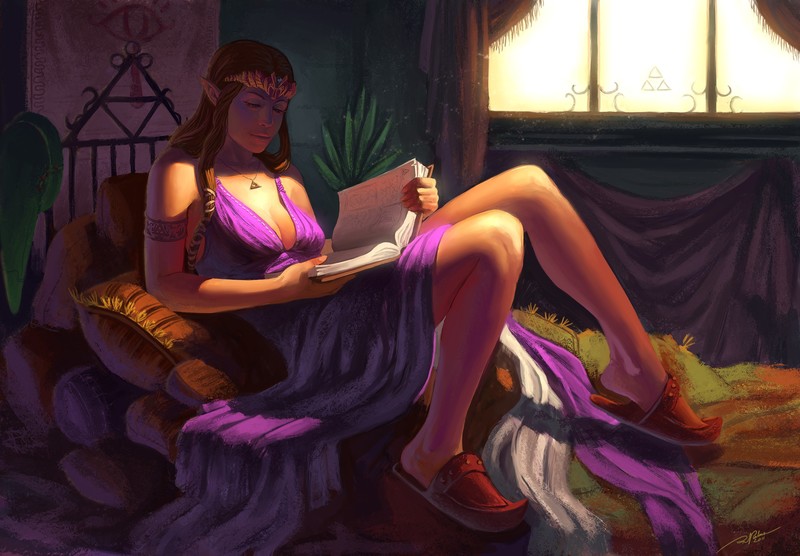 women, pillow, digital art, books, dress, Zelda, Triforce, The Legend of Zelda