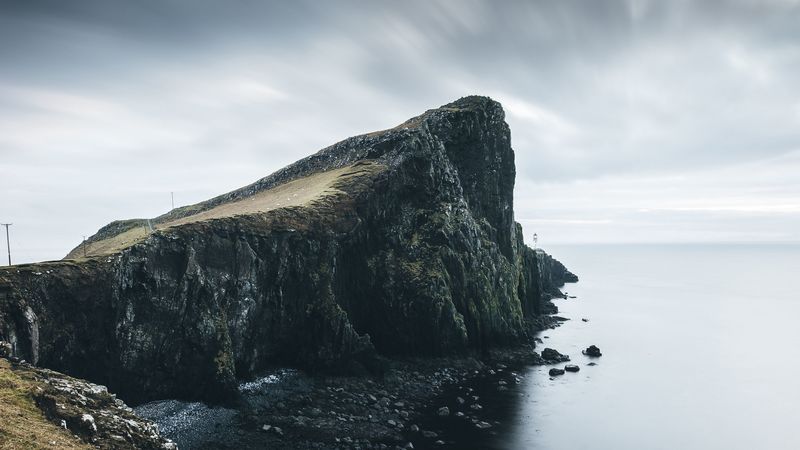 rock, cliff, sea, coast, stones, landscape, 4k