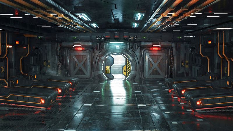 corridor, door, sci-fi, art, 4k