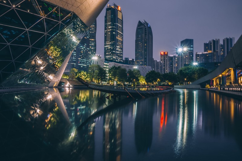 architecture, modern, cityscape, skyscraper, boat, pond, China