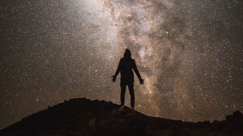 silhouette, night, starry sky, stars, milky way, dark, 4k