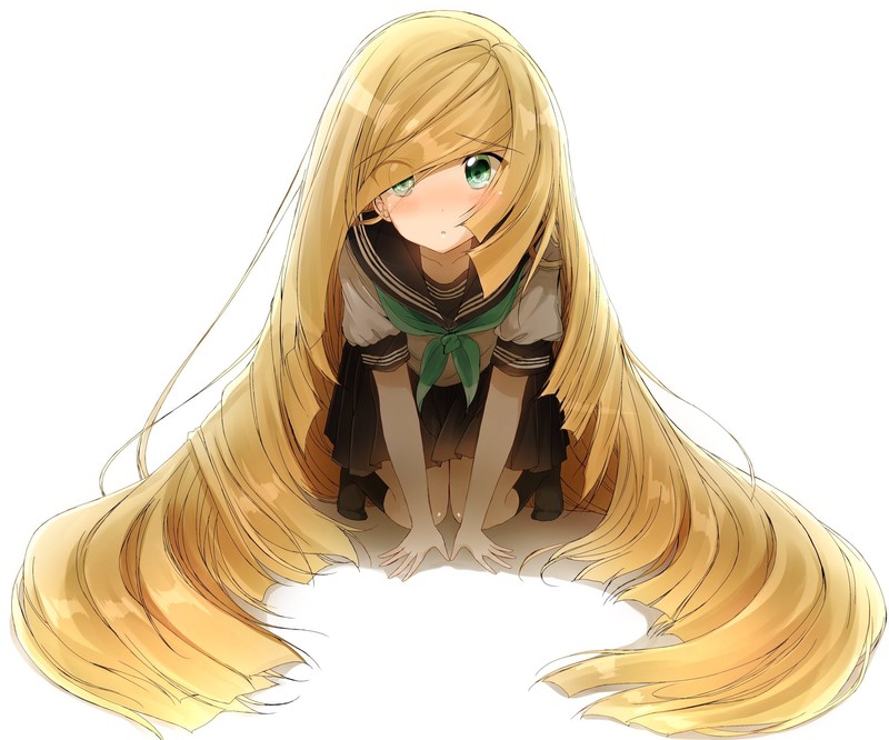 anime, anime girls, Pokémon, Lusamine, long hair, white background, looking at viewer, sitting, black legwear, green eyes, blushing, school uniform, bow-tie, bent over, skirt, short sleeves, bangs