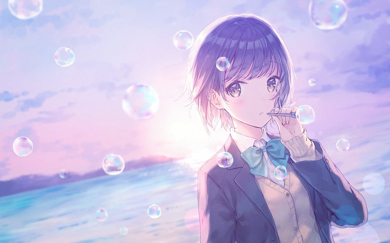 bubbles, short hair, anime, anime girls, purple hair