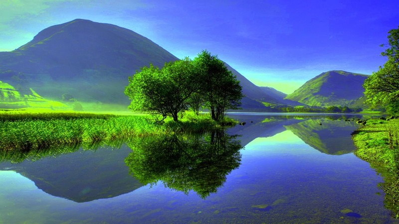 landscape, mountains, lake, clear sky, sky blue