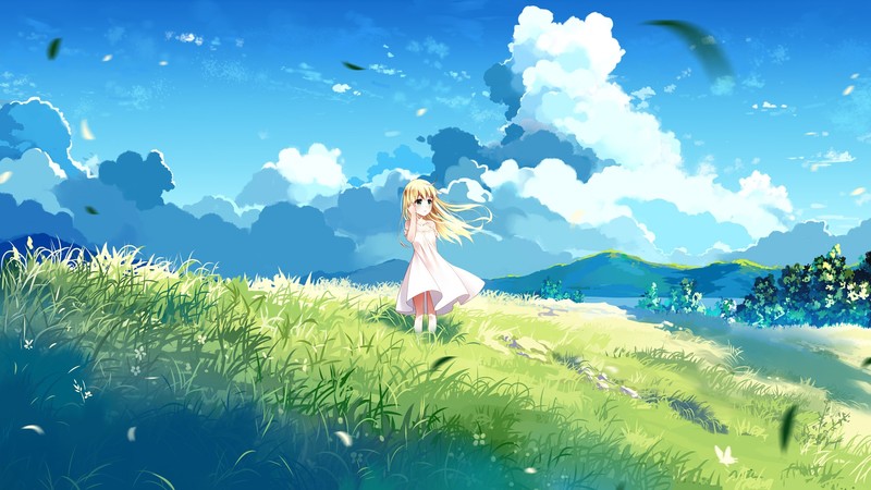 blonde, clouds, anime girls, field, nature, sky, dress, anime, cyan