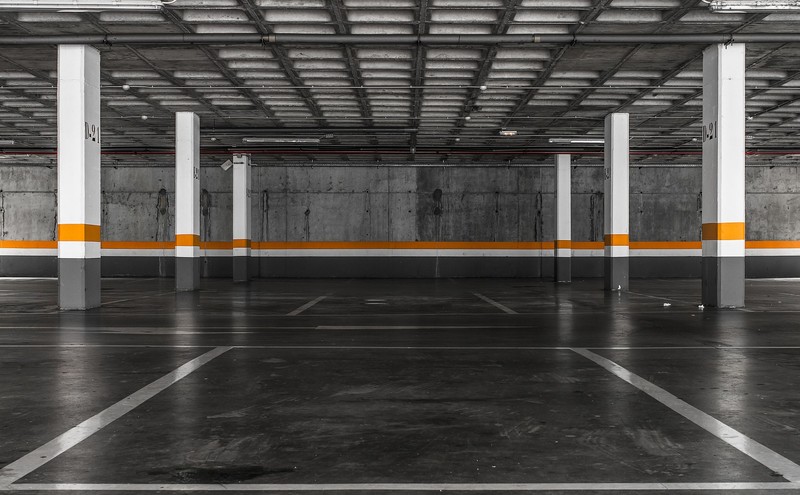 parking lot, garages, architecture, gray, orange, concrete
