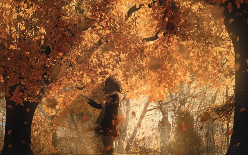 anime girls, short hair, anime, fall, trees, outdoors
