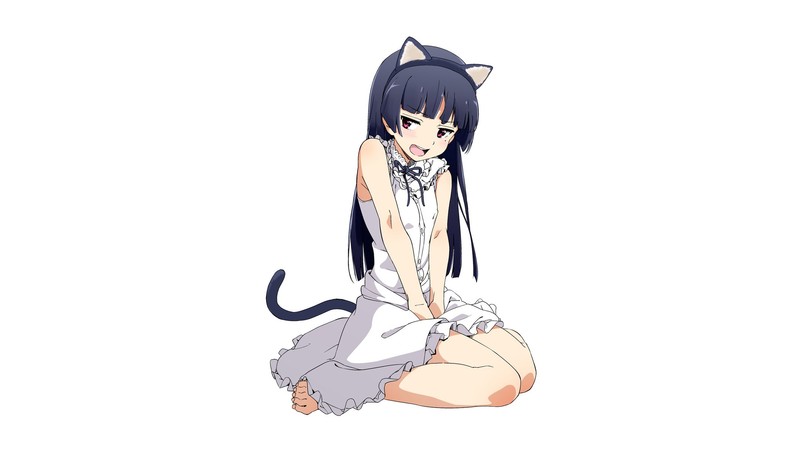 anime, anime girls, Gokou Ruri, dark hair, cat girl, Ore no Imouto ga Konnani Kawaii Wake ga Nai, white background, white dress, black eyes, simple background, fan art, white skin