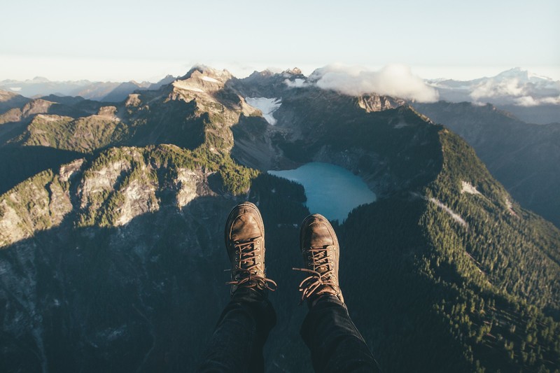 landscape, mountains, lake, clouds, POV, shoes, high angle