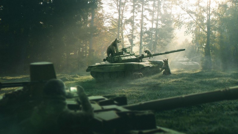 bears, baby animals, tank, wood, sun rays, weapon, soldier, T-90