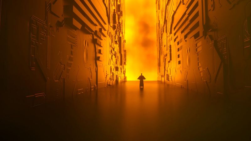 corridor, silhouette, glow, fire, light, walls, 4k