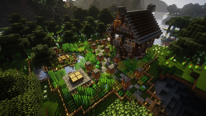 Minecraft, video games, farm, house, forest, oak trees, water, grass