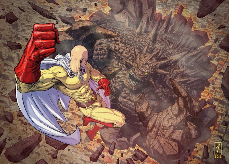 One-Punch Man, Saitama, bodysuit, anime boys, hero, 2D, digital art, fan art, muscular, abs, biceps, creature, fighting, bald, high angle