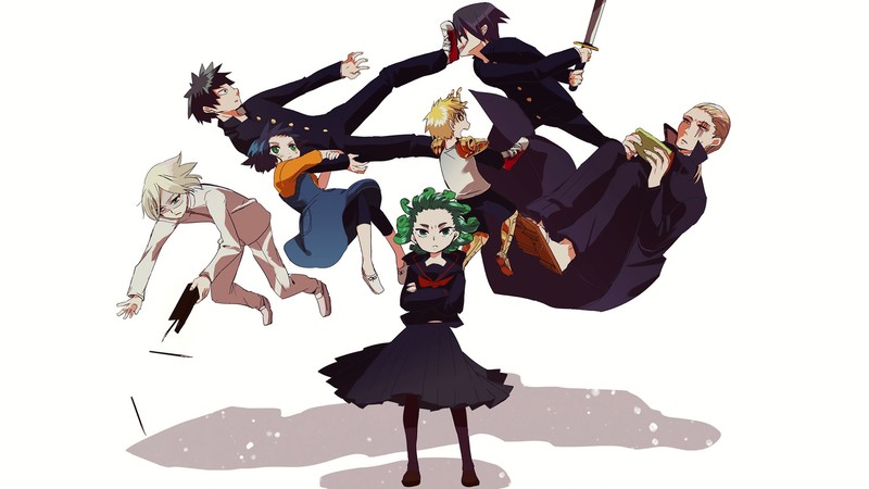 One-Punch Man, King (One-Punch Man), Saitama, Genos, Super Sonico, Tatsumaki, Fubuki, 2D, anime girls, anime boys, JK, school uniform, simple background, scars, short hair, loli, small boobs, pantyhose, green hair, black hair, blond hair, looking at viewer, fan art