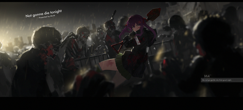 Gakkou Gurashi!, anime girls, Ebisuzawa Kurumi, Mivit, zombies, blood, rain, fighting, long hair, twintails, violet hair, thighs, school uniform, JK, black coat, shovels, 2D, Miv4t, fan art