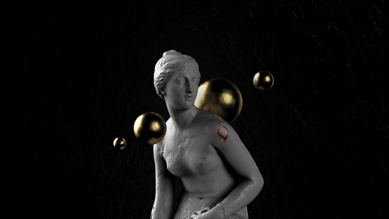 3D, render, statue, Aphrodite, marble, gold, heart, women, classical art, texture, simple background