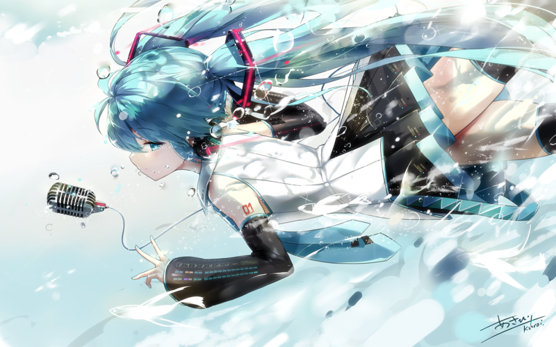 Hatsune Miku, Vocaloid, anime girls, microphone, bubble, digital art, tights, blue hair, blue eyes, cyan hair