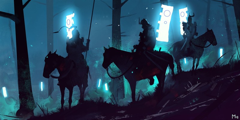 artwork, digital art, Dominik Mayer, horse, banner, soldier, knight, samurai, forest, neon, cyan, dark