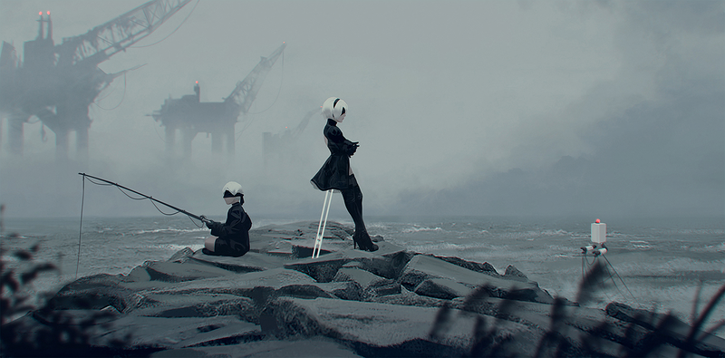 video games, Nier: Automata, 2B, fishing, 9S (Nier: Automata), 2B (Nier: Automata), NieR, white hair, science fiction, artwork, digital art, Z.W. Gu
