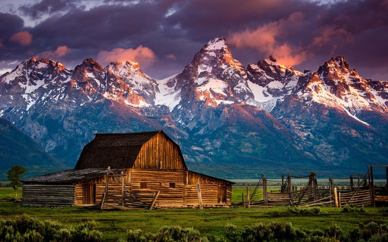 Rocky Mountains, nature, landscape, mountains, snow, barn, color correction