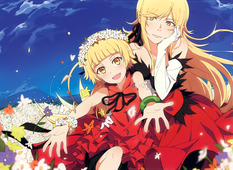 Monogatari Series, anime girls, Oshino Shinobu, 2D, loli, red dress, flowers, flower crown, blond hair, long hair, short hair, looking at viewer, yellow eyes, smiling, open mouth, long sleeves, clear sky, fan art, Ogipote, blushing, monster girl, vampires, pointed ears