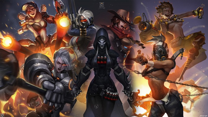 McCree (Overwatch), Overwatch, Reaper (Overwatch), Reinhardt (Overwatch), Soldier  76 (Overwatch), Junkrat (Overwatch), Torbjörn (Overwatch), genderswap