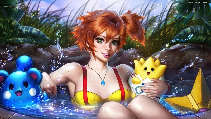 Misty, Pokémon, redhead, green eyes, women, video games, Togepi, starfish, swimming pool, cleavage, grass, water, necklace, hot tub, AyyaSAP, digital art, artwork