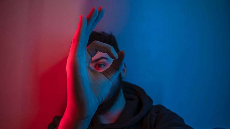 man, hand, eye, gesture, fingers, light, 4k