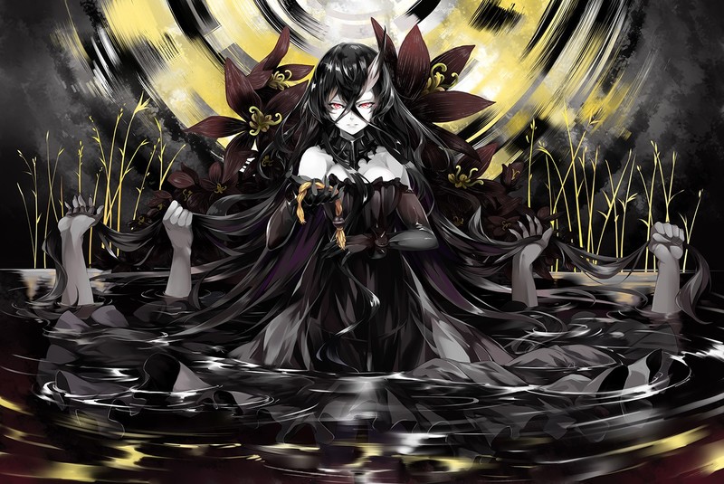 anime, anime girls, pale, red eyes, long hair, horns, flowers, dress, cleavage, bare shoulders, sitting, hands