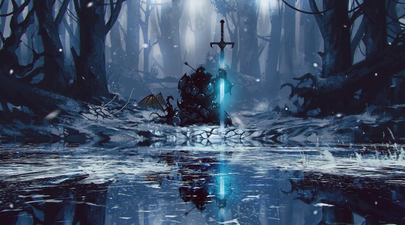 artwork, fantasy art, snow, winter, forest, knight, sword, lake, reflection, dragon, cyan, ice