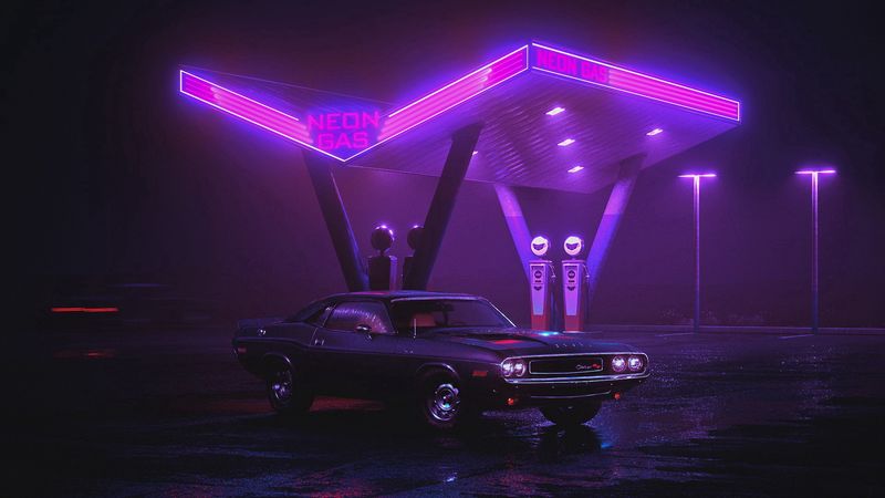 car, old, neon, refueling, night, 4k