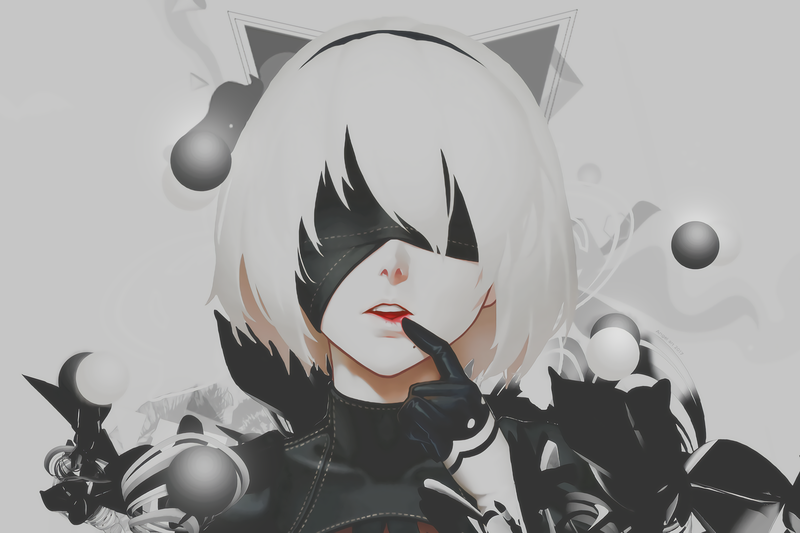2B (Nier: Automata), Nier: Automata, NieR, blindfold, video games, DeviantArt, white hair, digital art, anime girls, cat ears, neko ears, balls, geometry, Yorha unit no.2 type b