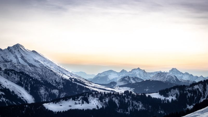 mountains, peaks, landscape, trees, snow, mountain range, 4k