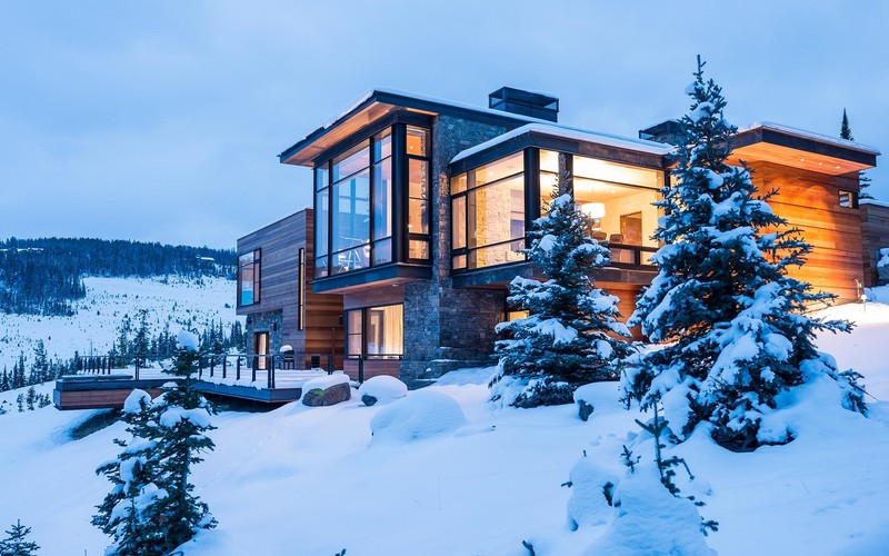 house, modern, winter, snow, trees, building, architecture, cyan, evening