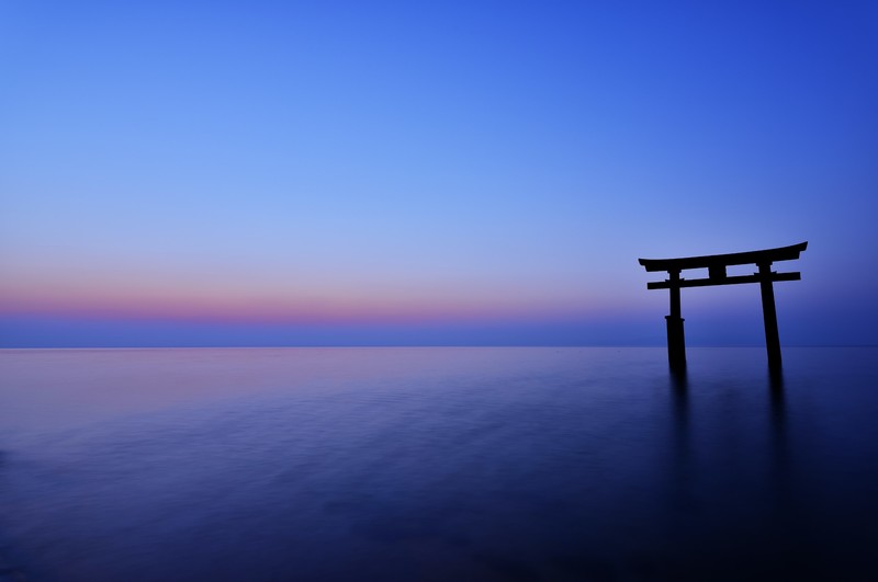 Japan, Asian architecture, arch, gates, blue, horizon, night, sea, sky, sunset