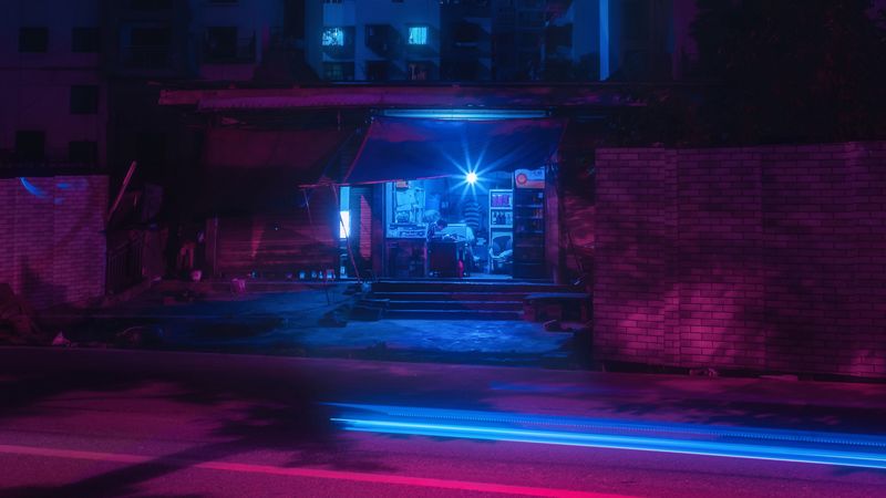 street, night, neon, light, city, buildings, 4k