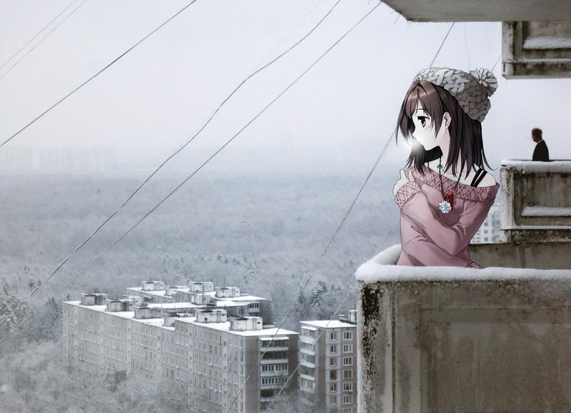 sky, forest, snow, anime girls