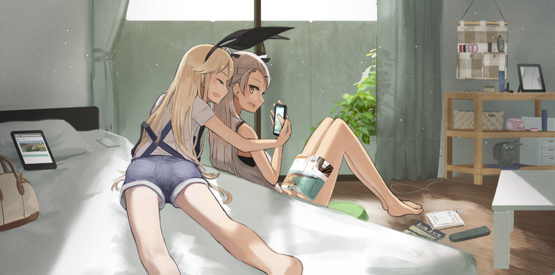 Shimakaze (Kancolle), Amatsukaze (Kancolle), Kantai Collection, bunny ears, open mouth, gray hair, blonde, in bed, long hair