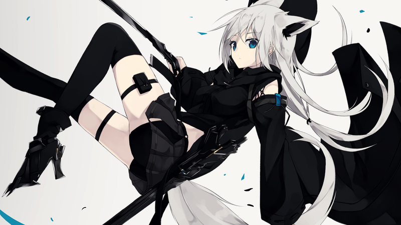 sword, shorts, long hair, skirt