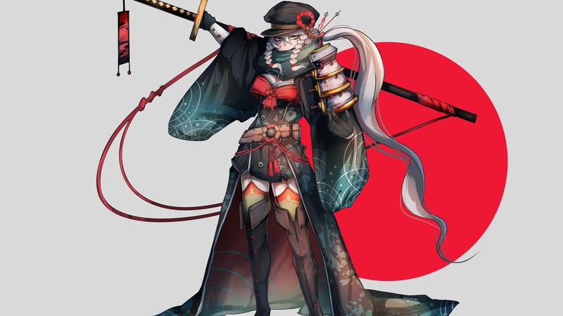 sword, long hair, hat