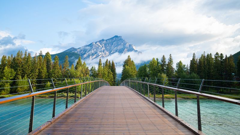 mountains, fog, bridge, distance, forest, 4k