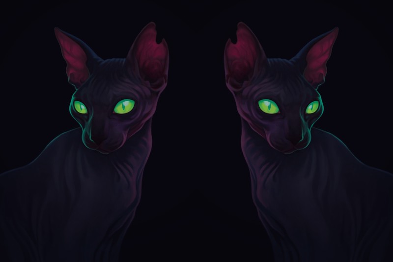 artwork, green eyes, dark, cats, animals