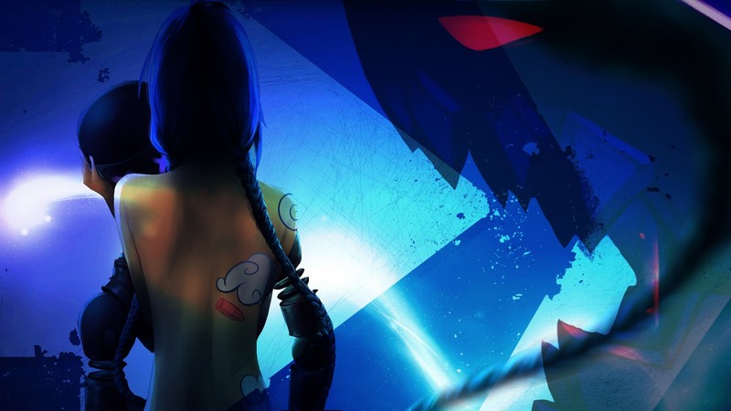 Jinx (League of Legends), anime girls, back, cyan, blue