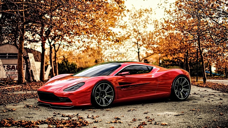 vehicle, car, sports car, Super Car, sunset, Aston Martin, Aston Martin DBC, concept cars, red cars, leaves, urban, trees, front angle view