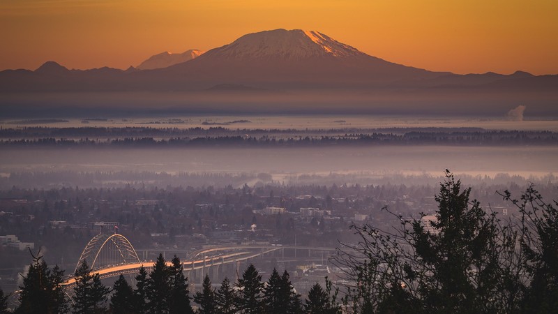 architecture, building, cityscape, Portland, USA, bridge, trees, mountains, landscape, snowy peak, sunset, mist, forest