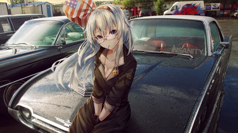 anime girls, white hair, women with cars