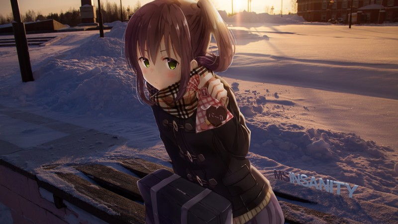 anime girls, snow, green eyes, winter, outdoors, anime