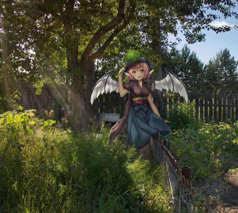 anime girls, wings, anime, garden
