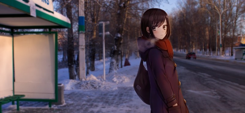 anime girls, snow, anime, brunette, urban